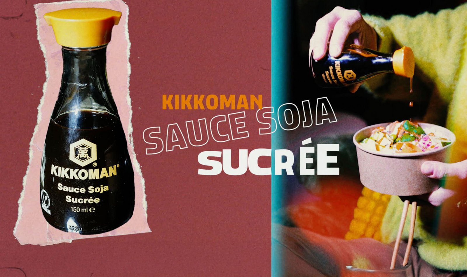 Collage aus Papiertextur, Kikkoman Dispenser und Food. 