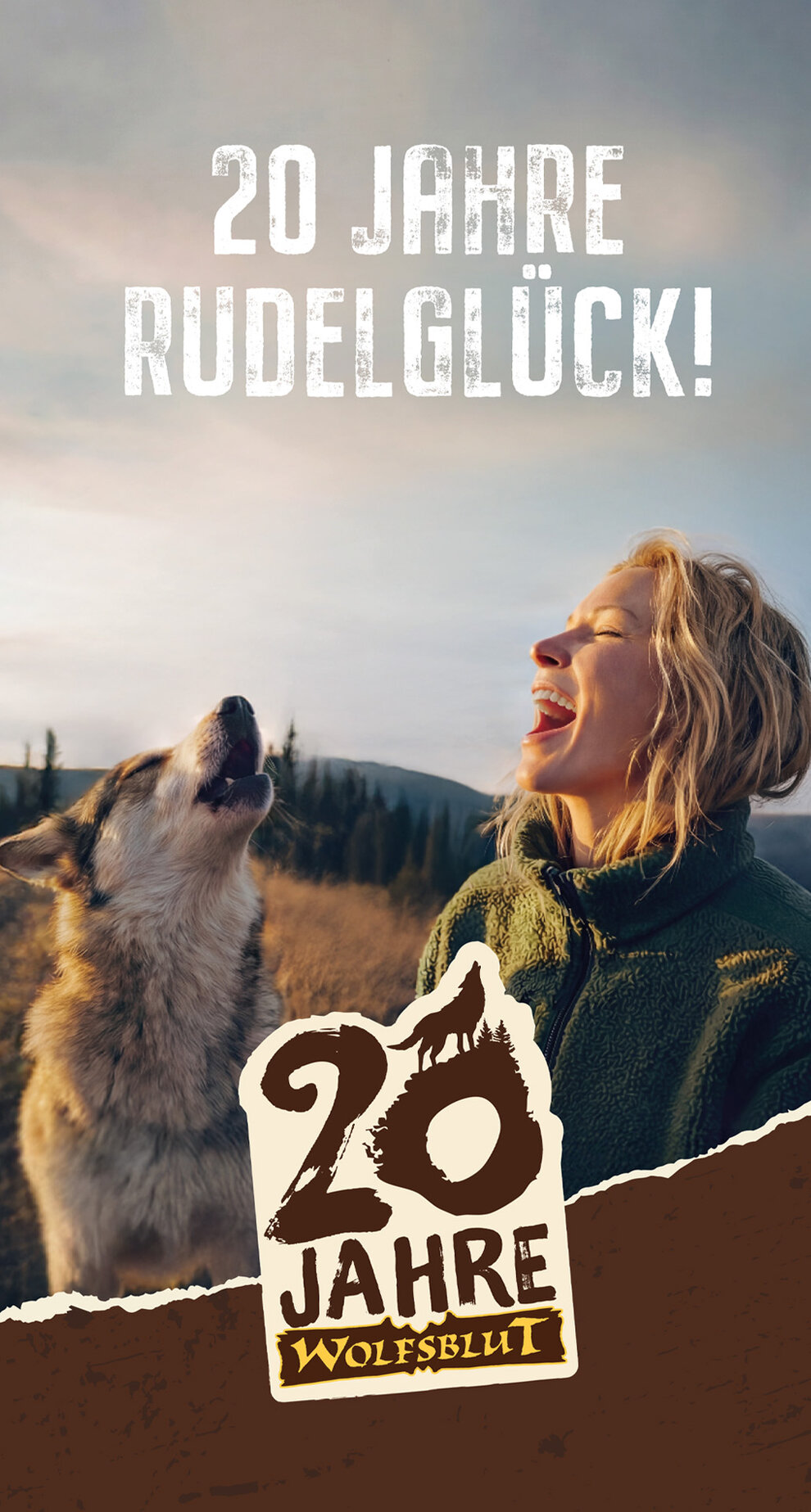 Das Keyvisual zeigt dasselbe Motiv von der Frau mit dem Hund, darüber steht die Headline „20 Jahre Rudelglück!", in der Ecke ist das Jubiläumslogo „20 Jahre Wolfsblut" zu sehen