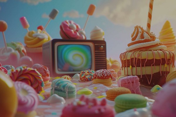 Symbolbild mit vielen Süßigkeiten, im Zenturm ein altmodischer Fernseher.