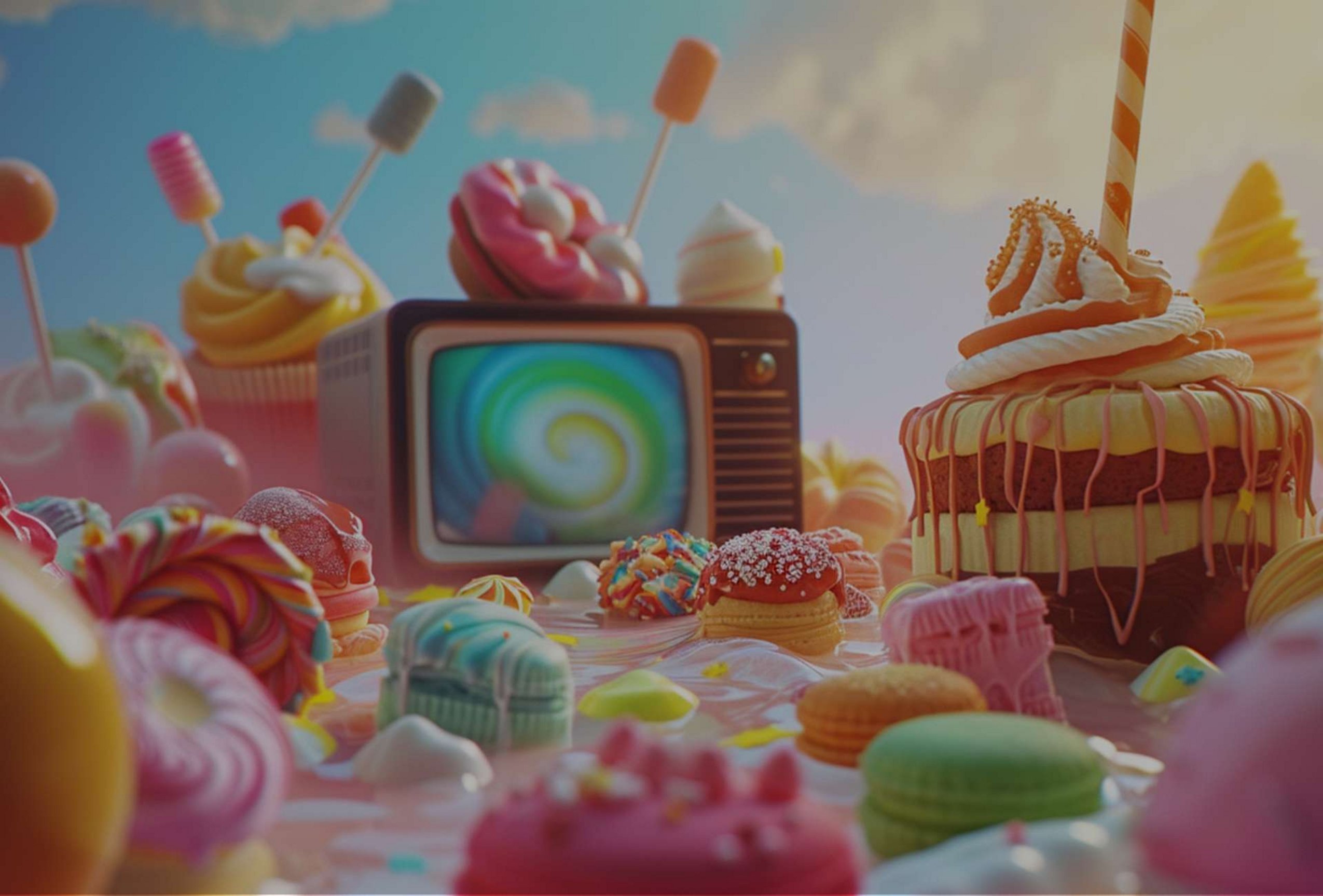 Symbolbild mit vielen Süßigkeiten, im Zenturm ein altmodischer Fernseher.