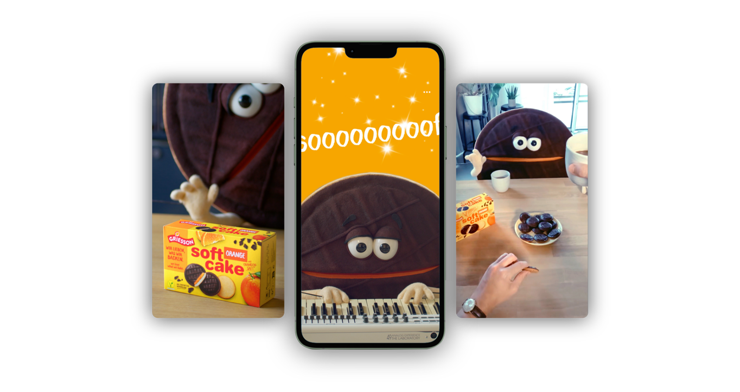 Drei Handy-Screens nebeineinander, die die Verlängerung der Kampagne in Social Media zeigen.