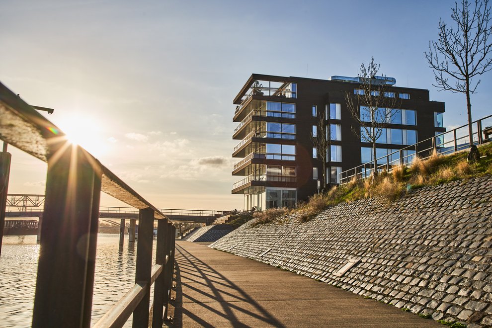 Das  nachhaltig und energieeffizient gebaute taste Gebäude auf der Offenbacher Hafeninsel.